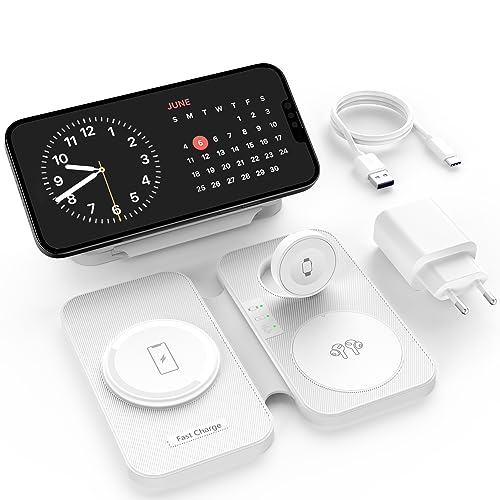 Faltbar 3 in 1 Mag-Safe Ladegerät, Magnetisches Ladestation für Apple Watch 9/8/7/6/5/4/3/2/SE und iPhone 15 14 13 12 11 Pro Max Plus, AirPods 3 2 pro, Travel Kabelloses Wireless Charger mit Adapter von DEESOOCO