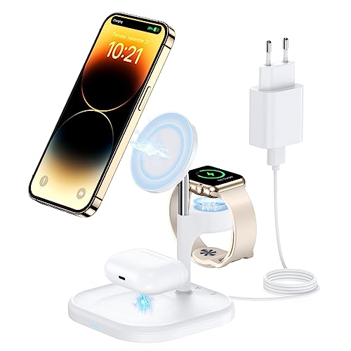 Mag Safe Ladegerät mit 18W Netzteil, 2 in 1 Induktive Ladestation Kompatibel mit iPhone 15/14/13/12 Serie, AirPods 3/2/Pro und Apple Watch Wireless Charger von DEESOOCO