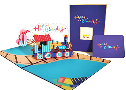 DEESOSPRO® Geburtstagskarte Geschenk für Kinder, 3D Pop-Up Grußkarte mit Schönen Papier-Cut, Umschlag Enthalten (Geburtstagszug) von DEESOSPRO