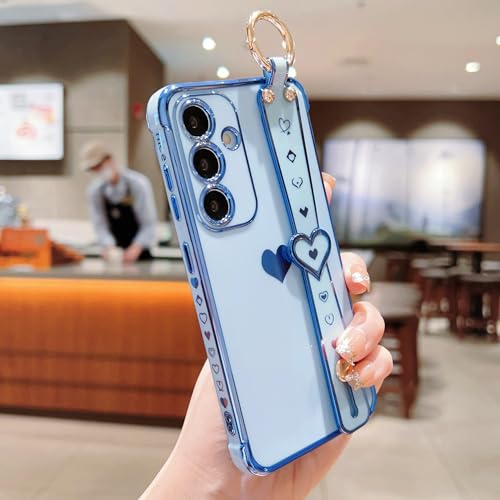 DEFBSC Hülle für Samsung Galaxy A35(5G), Galvanisierte Seitenkante Liebesherz Handgelenkriemen Ständer Telefonhülle Ultradünn Kratzfest Stoßfeste Weich TPU Schutzhülle mit Herz Handgelenkband- Blau von DEFBSC