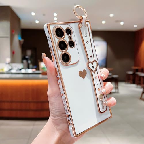DEFBSC Hülle für Samsung Galaxy S24 Ultra, Galvanisierte Seitenkante Liebesherz Handgelenkriemen Ständer Telefonhülle Ultradünn Kratzfest Stoßfeste Weich TPU Schutzhülle mit Herz Handgelenkband - Weiß DEFBSC Hülle für Samsung Galaxy S24 Ultra, Galvanisierte Seitenkante Liebesherz Handgelenkriemen Ständer Telefonhülle Ultradünn Kratzfest Stoßfeste Weich TPU Schutzhülle mit Herz Handgelenkband - Weiß von DEFBSC