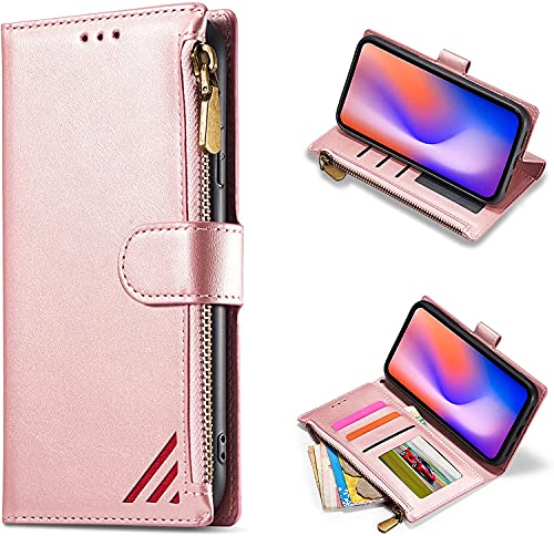 DEFBSC Hülle für iPhone SE 2020/2022 iPhone 7/8,Stitching Reißverschluss Leder Hülle,Klapphüllen Schutzhülle mit Kartenfach Magnetisch Standfunktion PU Leder Flip Folio Hülle mit Trageband-Roségold von DEFBSC