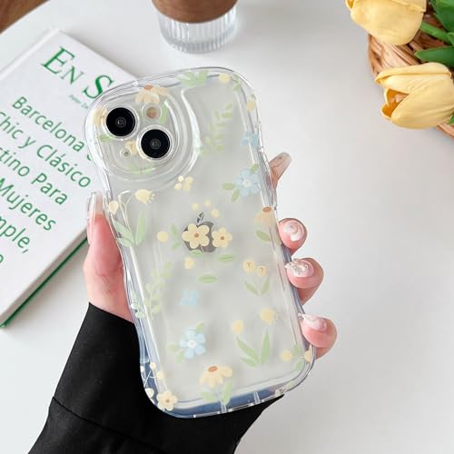 DEFBSC Klare Blumen Hülle für iPhone 14, Transparente Blumen Muster Wellen Rahmen Rand Handyhülle, Ultra Dünne Weiche TPU Stoßstange Stoßfest Kratzfest Schutzhülle - Gelb Blume von DEFBSC