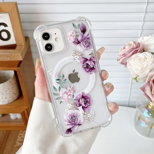 DEFBSC Magnetisch Hülle für iPhone 12 / iPhone 12 Pro Kompatibel mit MagSafe, Transparent Hülle mit Florale Blumen Muster Design Hart PC Rückseite Dünne Kratzfestes Schutzhülle - Lila Pfingstrose von DEFBSC