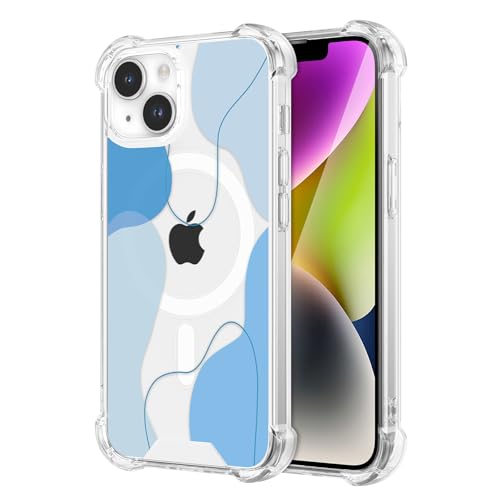 DEFBSC Magnetisch Hülle für iPhone 14/iPhone 13(Kompatibel mit MagSafe), Transparentes Linie Ästhetisch Design Handyhülle Hart PC Rückseite Stoßfeste Kratzfest Klar Schutzhülle - Blau von DEFBSC