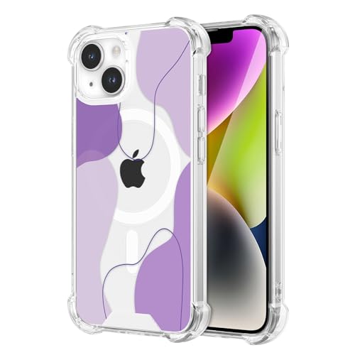 DEFBSC Magnetisch Hülle für iPhone 14/iPhone 13(Kompatibel mit MagSafe), Transparentes Linie Ästhetisch Design Handyhülle Hart PC Rückseite Stoßfeste Kratzfest Klar Schutzhülle - Lila von DEFBSC