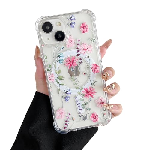 DEFBSC Magnetisch Hülle für iPhone 14 / iPhone 13 Kompatibel mit MagSafe, Transparent Hülle mit Florale Blumen Muster Design Hart PC Rückseite Dünne Kratzfestes Schutzhülle - Rosa Kosmos von DEFBSC