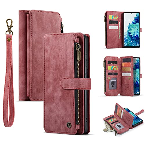 DEFBSC Schutzhülle für Samsung Galaxy S20 FE, mit mehreren Karten, Reißverschluss, Brieftasche, Handyhülle, hochwertiges PU-Leder, Brieftaschenhülle mit 9 Kartenfächern, Klapp-Schutzhülle, Rot von DEFBSC