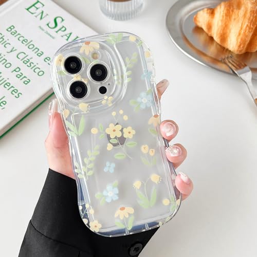 DEFBSC Transparente Blumen-Schutzhülle für iPhone 15 Pro, niedlicher klarer Wellenrahmen, schmale Passform, stoßfest, weiche TPU-Stoßfänger, frische Blumenstil-Schutzhülle für Mädchen und Frauen, von DEFBSC