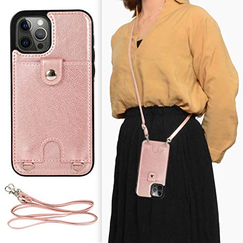 DEFBSC für 6.1" iPhone 12 / iPhone 12 Pro (5G) Hülle mit Kartenhalter, Necklace Hülle mit Band, Verstellbarer PU-Leder Crossbody/Halsketten-Umhängebandriemen, Lanyard Handyhülle, Roségold von DEFBSC