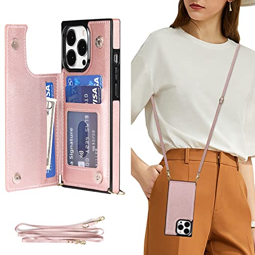 DEFBSC für iPhone 14 Pro Hülle, Lanyard Handyhülle mit Kartenhalter, PU Leder Verstellbarer Crossbody/Halsketten Umhängebandriemen, Necklace Lanyard Handyhülle für iPhone 14 Pro - Roségold von DEFBSC