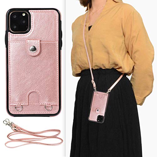 DEFBSC iPhone 11 Pro Hülle mit Kartenhalter, Necklace Hülle mit Band, Verstellbarer PU-Leder Crossbody/Halsketten-Umhängebandriemen, Lanyard Handyhülle für iPhone 11 Pro, 5.8 Zoll, Roségold von DEFBSC