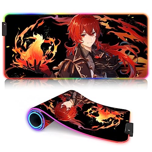 Mouse Combo Pad XXL Genshin Impact LED Mouse Pad RGB Superficie Diluc per Home Office Gaming Personaggio del gioco di lavoro （30x80cm） von DEHUA