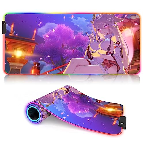 Tappetino Mouse Full Desk XL Genshin Impact LED Tastiera estesa Tappetino Mouse RGB Yae Miko Base in Gomma Con bordi cuciti Personaggio del gioco del tappetino Mouse （35x60cm） von DEHUA