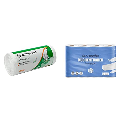 Müllbeutel DEISS FIRST PLUS weiß 60 L, 50 Stück & by Amazon Küchenrollen 3-lagig, 4 Rollen, 64 Blatt von DEISS FIRST