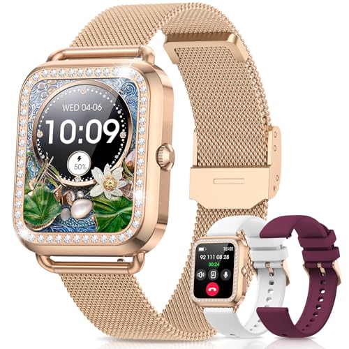 Smartwatch Damen mit Telefonfunktion, 1,57 Zoll Diamant Touchscreen Fitnessuhr Damen mit Pulsuhr SpO2 Schlafmonitor Menstruationszyklus Schrittzähler Kalorien, IP68 Sportuhr für Android iOS, Roségold von DEKELIFE