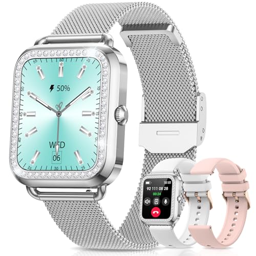 Smartwatch Damen mit Telefonfunktion, 1,57 Zoll Diamant Touchscreen Fitnessuhr Damen mit Pulsuhr SpO2 Schlafmonitor Menstruationszyklus Schrittzähler Kalorien, IP68 Sportuhr für Android iOS, Silber von DEKELIFE