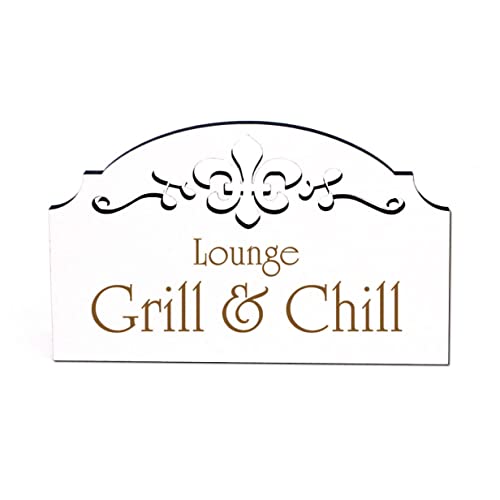 DEKO-LANDO Grill & Chill Lounge Schild Holz graviert Ornamente selbstklebend Grillplatz Dekoschild Weiß, 15,5 x 9,5 0,5 cm DEKO-LANDO Grill & Chill Lounge Schild Holz graviert Ornamente selbstklebend Grillplatz Dekoschild Weiß, 15,5 x 9,5 0,5 cm von DEKO-LANDO