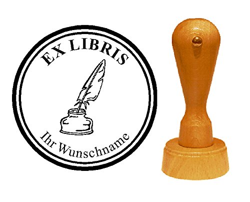 Ex Libris Exlibris Stempel SCHREIBFEDER mit TINTENFASS - mit persönlichem Wunschtext und Motiv von DEKOLANDO