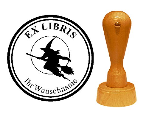 Ex Libris Stempel Hexe auf Besen - mit persönlichem Namen - Ø 40 mm von DEKOLANDO