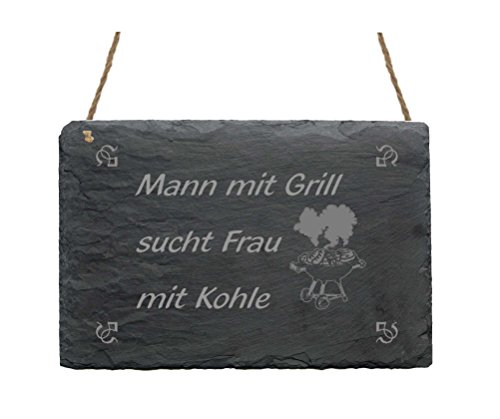 Schiefertafel « MANN MIT GRILL SUCHT FRAU MIT KOHLE » mit MOTIV Schild Haushalt Dekoschild Geschenk BBQ von DEKOLANDO