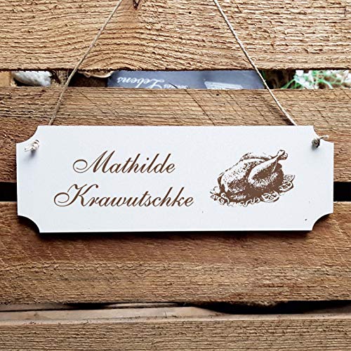 Schild « Hähnchen » Türschild mit persönlicher Wunschgravur und Motiv - Größe ca. 20 x 6,7 x 0,5 cm - Shabby Dekoration Namensschild Name - Broiler Grill Imbiss Restaurant von DEKOLANDO