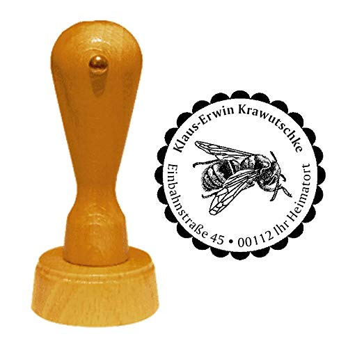 Stempel Adressstempel « BIENE 03 » Durchmesser ca. Ø 40 mm - mit persönlicher Adresse, Motiv und Zierrand - Insekten Bienen Honigbiene Imker Imkerei von DEKOLANDO