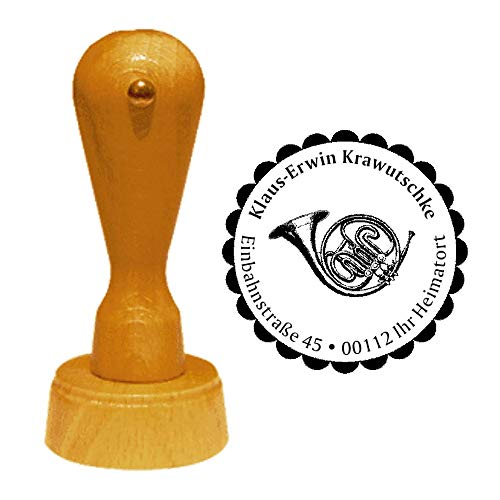 Stempel Adressstempel « HORN 01 » Durchmesser ca. Ø 40 mm - mit persönlicher Adresse, Motiv und Zierrand - Musik Instrument Jagdhorn Waldhorn Corno von DEKOLANDO