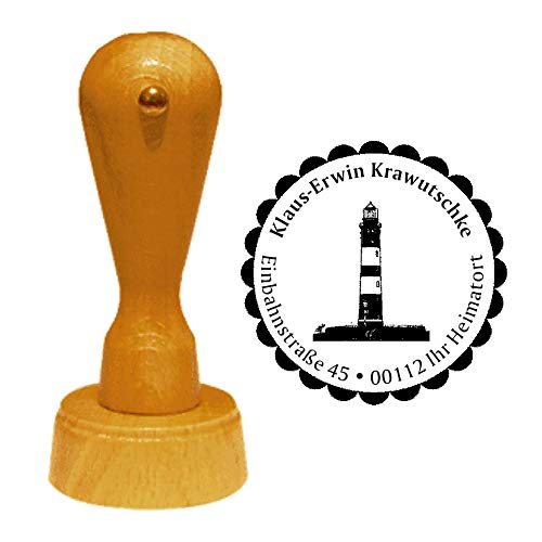Stempel Adressstempel « Leuchtturm Insel Amrum » Durchmesser ca. Ø 40 mm - mit persönlicher Adresse, Motiv und Zierrand von DEKOLANDO