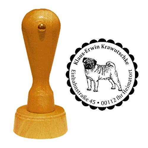 Stempel Adressstempel « MOPS 03 » Durchmesser ca. Ø 40 mm - mit persönlicher Adresse, Motiv und Zierrand - Hund Hunderasse China Pug Carlin von DEKOLANDO