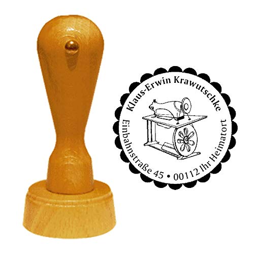 Stempel Adressstempel « NÄHERIN - ALTE NÄHMASCHINE » Durchmesser ca. Ø 40 mm - mit persönlicher Adresse, Motiv und Zierrand - Beruf Näher Schneider Nähen von DEKOLANDO
