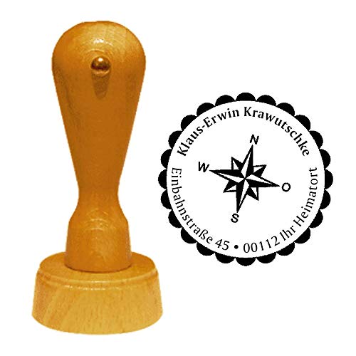 Stempel Adressstempel « WINDROSE » Durchmesser ca. Ø 40 mm - mit persönlicher Adresse und Motiv - Kompass Geocacher Pfadfinder von DEKOLANDO