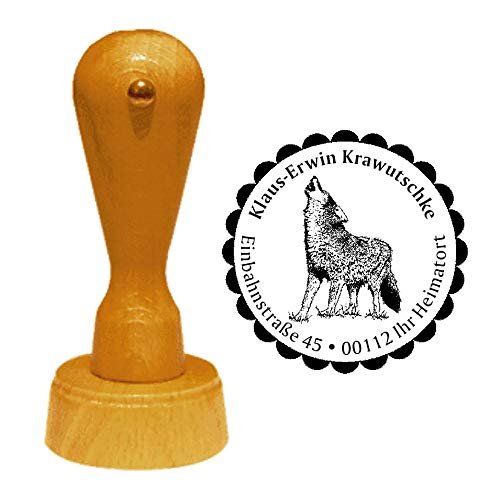 Stempel Adressstempel « heulender WOLF » Durchmesser ca. Ø 40 mm - mit persönlicher Adresse, Motiv und Zierrand - Tier Tiere Raubtier Wölfe Hunde Heulen von DEKOLANDO