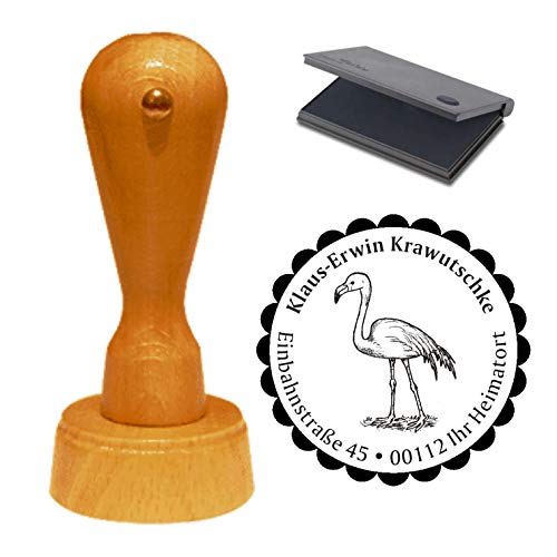Stempel Adressstempel « schöner Flamingo » inkl. Stempelkissen - Durchmesser ca. Ø 40 mm - mit persönlicher Adresse, Motiv und Zierrand Stempel Einschulung von DEKOLANDO