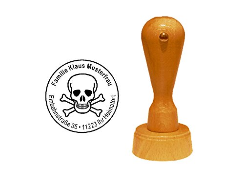 Stempel Holzstempel Adressstempel « TOTENKOPF » Durchmesser ca. Ø 40 mm - mit persönlicher Adresse und Motiv - Gefahrgut Pirat Schädel Gift von DEKOLANDO