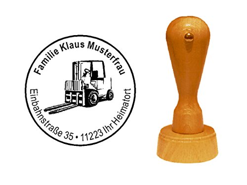 Stempel mit Adresse und Motiv Gabelstapler runder Adressstempel aus Holz Ø 40 mm | Dekolando von DEKOLANDO