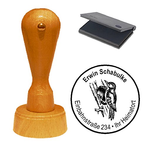 Stempel mit Kissen Specht - mit persönlicher Adresse - Ø 40 mm von DEKOLANDO