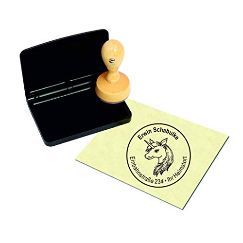 Stempel mit schwarzem Kissen Adressstempel « EINHORN » Durchmesser ca. Ø 40 mm - mit persönlicher Adresse und Motiv - Einhörner von DEKOLANDO