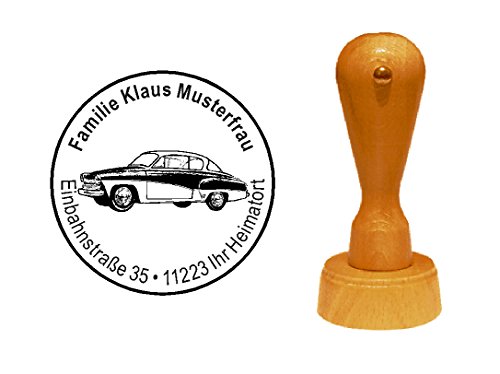 Stempel personalisiert Adressstempel Auto Klassiker deutscher Oldtimer runder Holzstempel mit persönlicher Adresse Ø 40 mm von DEKOLANDO