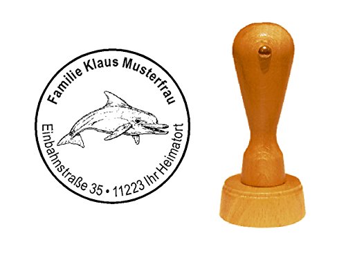 Stempel personalisiert runder Holzstempel Delfin Delphin Adressstempel Ø 40 mm mit persönlicher Adresse und Motiv von DEKOLANDO