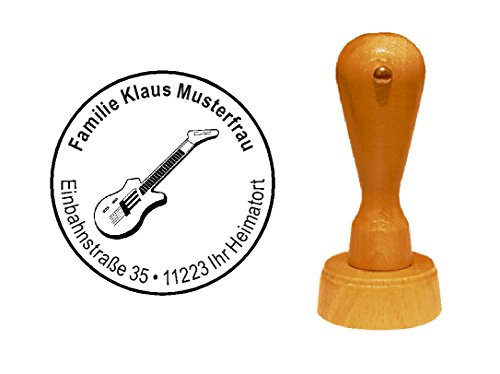 Stempel personalisiert runder Holzstempel Gitarre Gitarrist E-Gitarre Adressstempel Ø 40 mm mit persönlicher Adresse und Motiv von DEKOLANDO