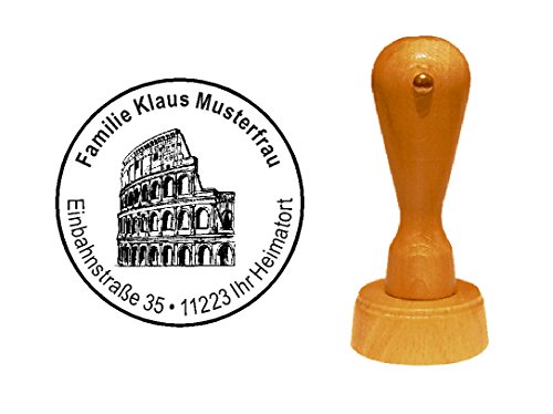 Stempel personalisiert runder Holzstempel Rom Kolosseum Römer Adressstempel Ø 40 mm mit persönlicher Adresse und Motiv von DEKOLANDO