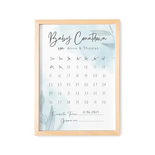 Babycountdown personalisierter Baby Countdown Kalender mit Namen Geschenk zur Schwangerschaft Poster Geschenkidee werdende Eltern DIN A4 Blau (mit oder ohne Rahmen) von DEL MÀ Unique & Personal