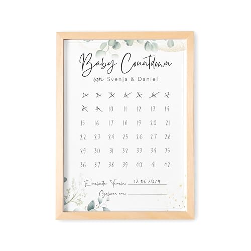 Babycountdown personalisierter Baby Countdown Kalender mit Namen Geschenk zur Schwangerschaft Poster Geschenkidee werdende Eltern DIN A4 Eukalyptus (mit oder ohne Rahmen) von DEL MÀ Unique & Personal