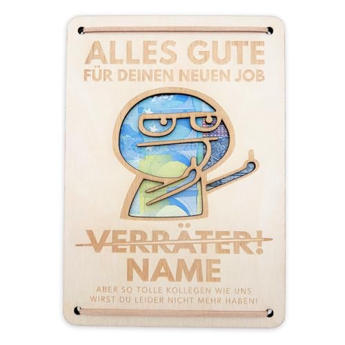 DEL MÀ Unique & Personal Abschiedskarte Kollegen personalisiertes Abschiedsgeschenk Verräter Kollegin Jobwechsel Geldgeschenk Verpackung Geschenkkarte aus Holz 12x17 cm von DEL MÀ Unique & Personal