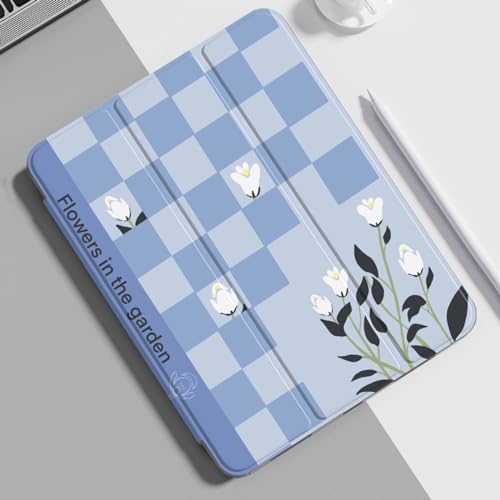 Hülle Für Ipad Pro 12.9 (2. Generation) 2017 / Ipad Pro 12.9 (1. Generation) Schutz Premium Pu-Leder Smart Stand Schutzhülle Mit Automatischer Sleep/Wake-Funktion – Blau Karierte Weiße Blumen von DELIGUO