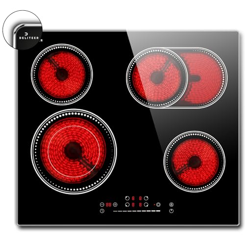 DELITEER, Ceramic Hob 4 Zone, Electric Hob 6600W with Metal Frame, Slider Touch Control, Flexible Zone with Double and Oval Zone von DELITEER