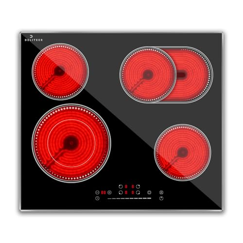 DELITEER, Ceramic Hob 4 Zone, Electric Hob 6600W with Metal Frame, Slider Touch Control, Flexible Zone with Double and Oval Zone von DELITEER