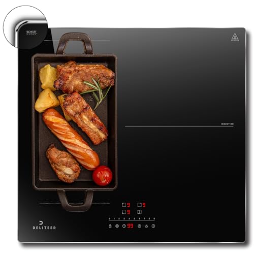 DELITEER Induktionskochfeld 3 Platten, Einbau Induktionskochfeld mit Rahmen, Kochfeld Autark, Flexible Zone für den Grill, Sicherheitsschloss, Kochfelder 6800W, Timer, Kein Stecker von DELITEER