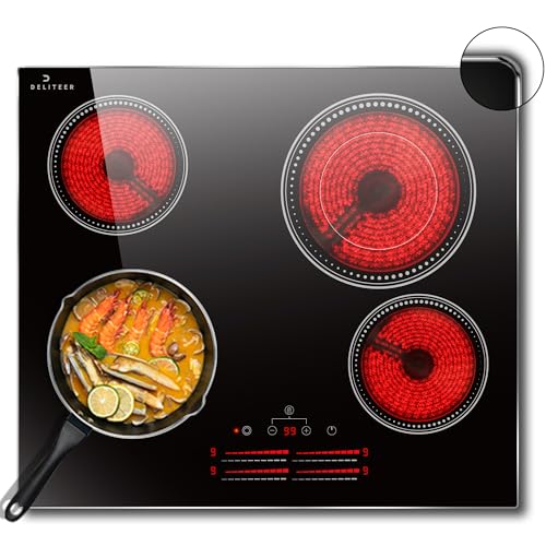 DELITEER Glaskeramikkochfeld 4 Platten mit Rahmen, Kochfeld Einbau 60cm, 6600W, Individuelle Touch-Steuerung für Separate Heizzonen, Flexible Doppelzone, Herdplatte 4 Kochfelder, Kein Stecker von DELITEER